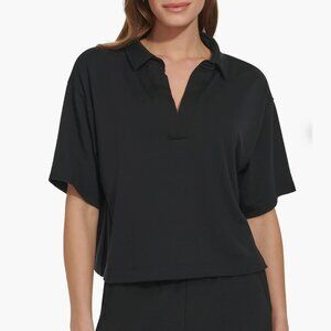 DKNY Johnny Collar black Split-Neck Top NWT